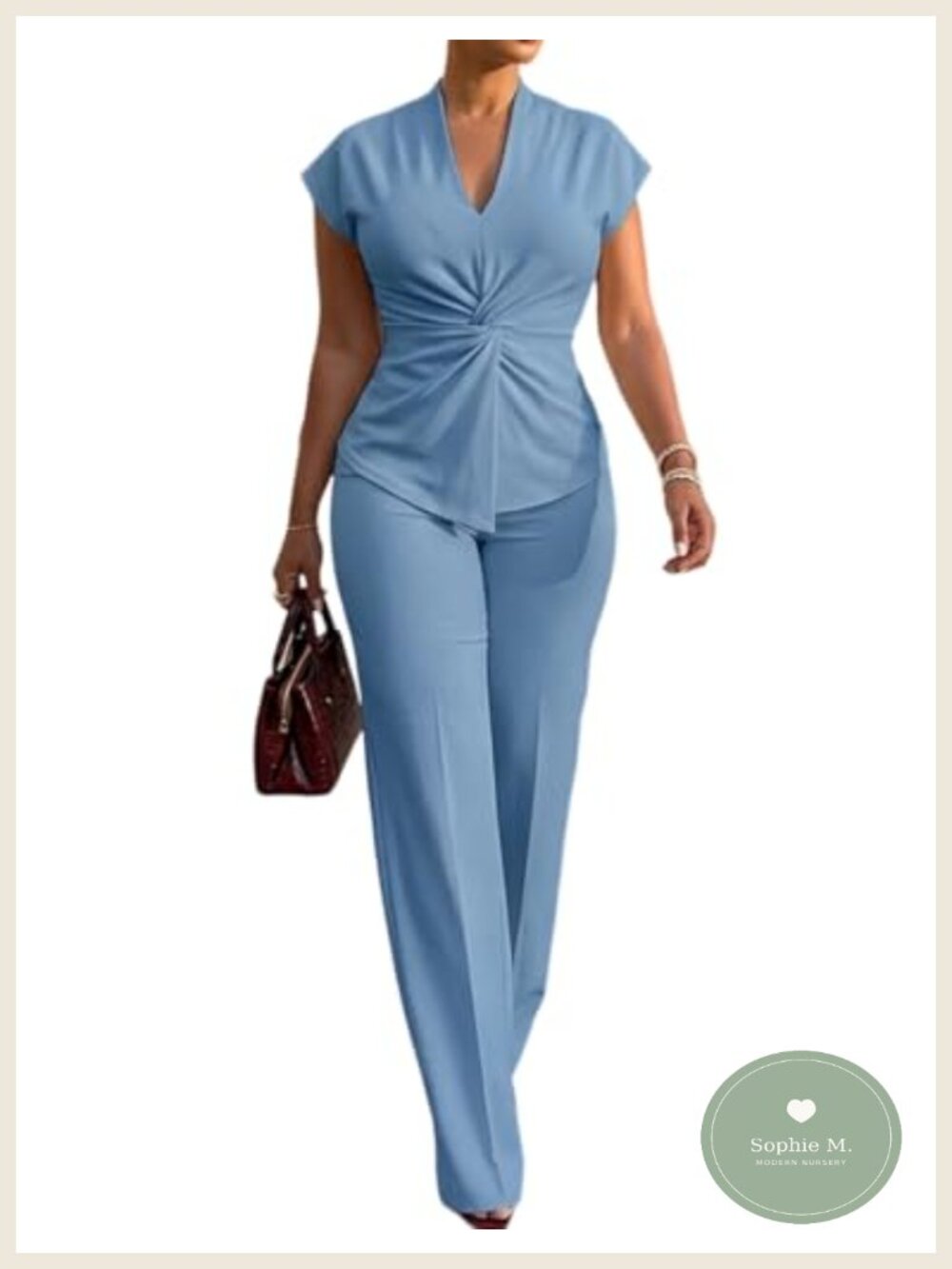 Women's 2 Piece Pant Set V-Neck Twist Top Straight Leg Pants Casual